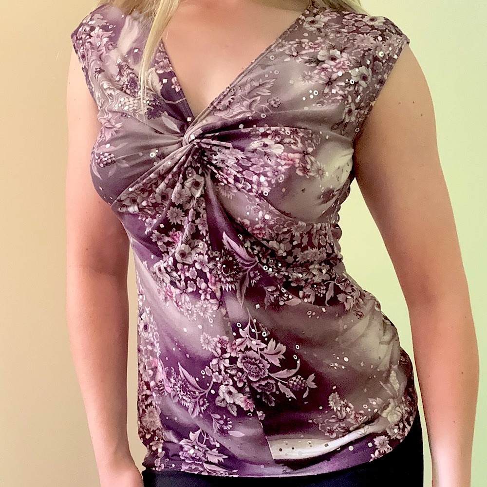 Dressbarn Purple and Pink Floral Knot Top🪻